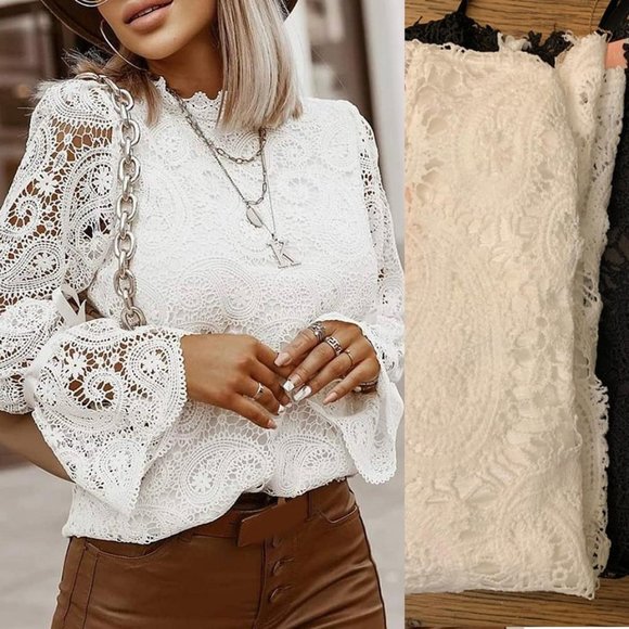 Tops - Sheer Lace Mock Neckline Long Sleeve Top